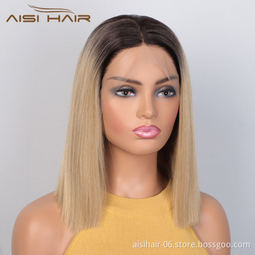 Aisi Hair Wholesale Short Ombre Blonde Dark Root Bob Wig Swiss Lace Wig Cheap Synthetic Lace Front Wigs For Black White Women